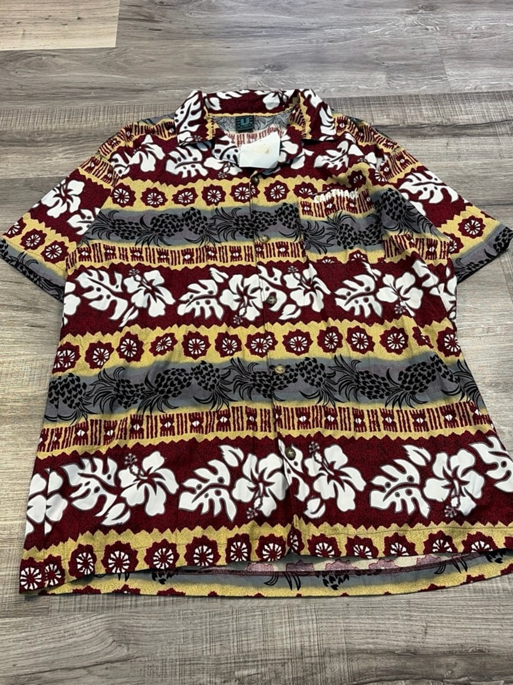 Casual Button-Down Camp Shirt — Burgundy, Yellow & White Floral